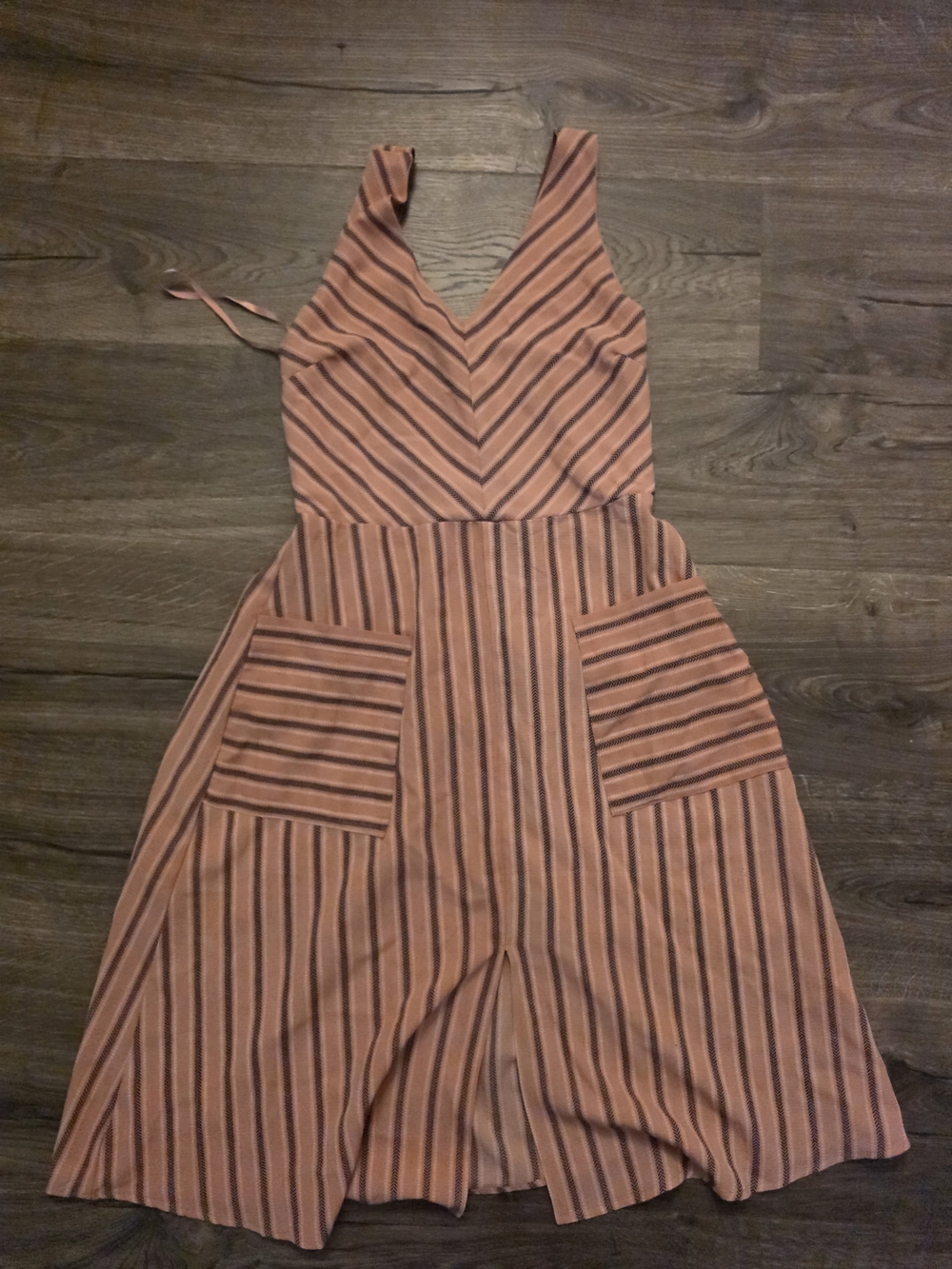Monteau Rose-Tan Striped V-Neck Midi Dress